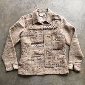 Coldwater Creek Tan Linen/Poly/Cotton Blend Blazer w/Jute & Embroidery